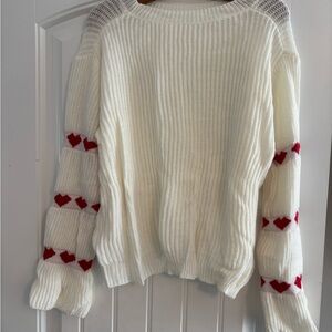 Cozy White Sweater with Red Heart Accents